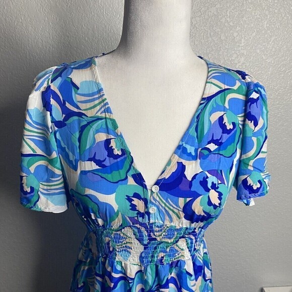 Abel The Label Anthropologie Blue Boho Smocked V Neck Maxi Dress Small Dress Up - Picture 10 of 11